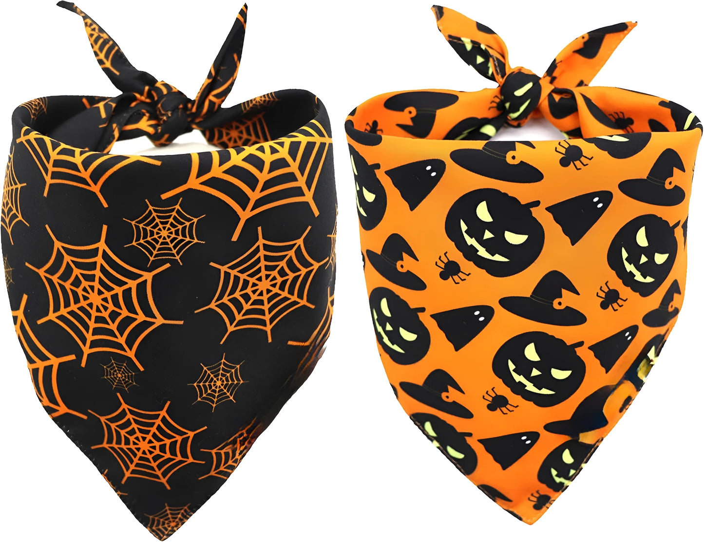 Black and orange reversible Halloween dog bandana with pumpkin and spider web print laid flat