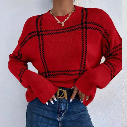 Women's loose-fit plaid colour-block acrylic sweater with apricot, black, beige stripes.
