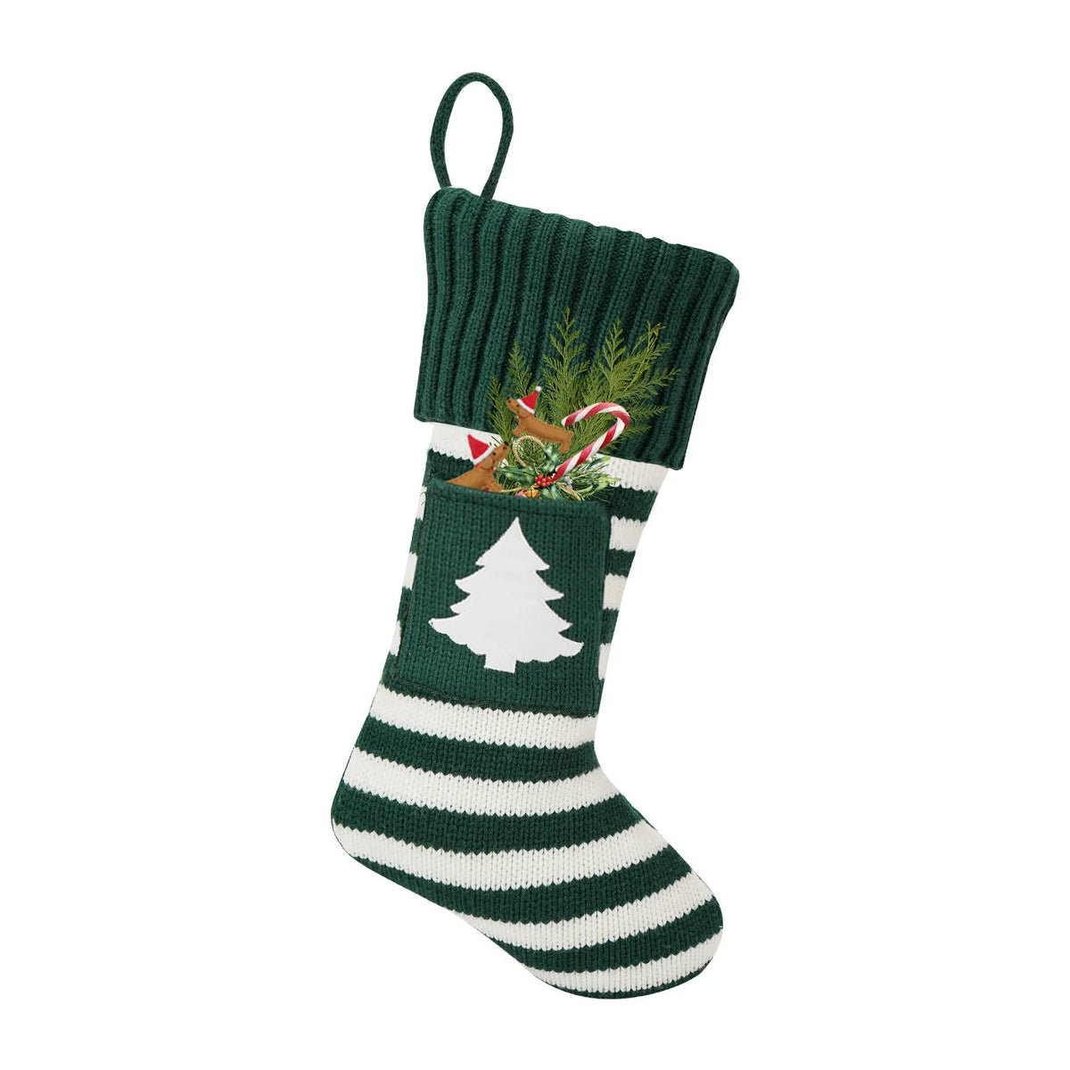 Knitted Christmas cat and dog socks in a gift bag, one pair, with red dog's paw, snowflake, green tree, or red elk patterns.