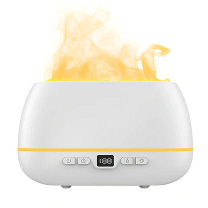 White 3D flame humidifier with 200ml tank, measuring 226mm by 127mm by 87mm, showing colourful flame effect lighting