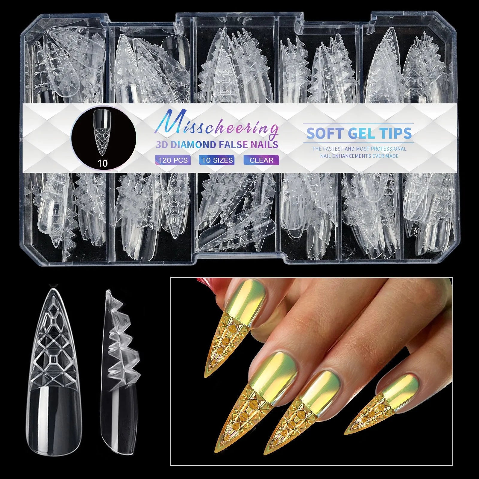 Box of 3D diamond-shaped long false nail tips in a chosen colour from the Diamond Nail range.