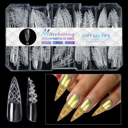 Box of 3D diamond-shaped long false nail tips in a chosen colour from the Diamond Nail range.