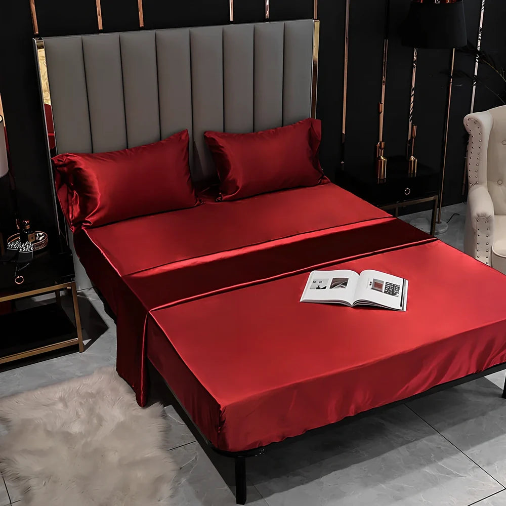 Artificial silk fitted bed sheet with elastic band in black, camel, red, sapphire or violet colours