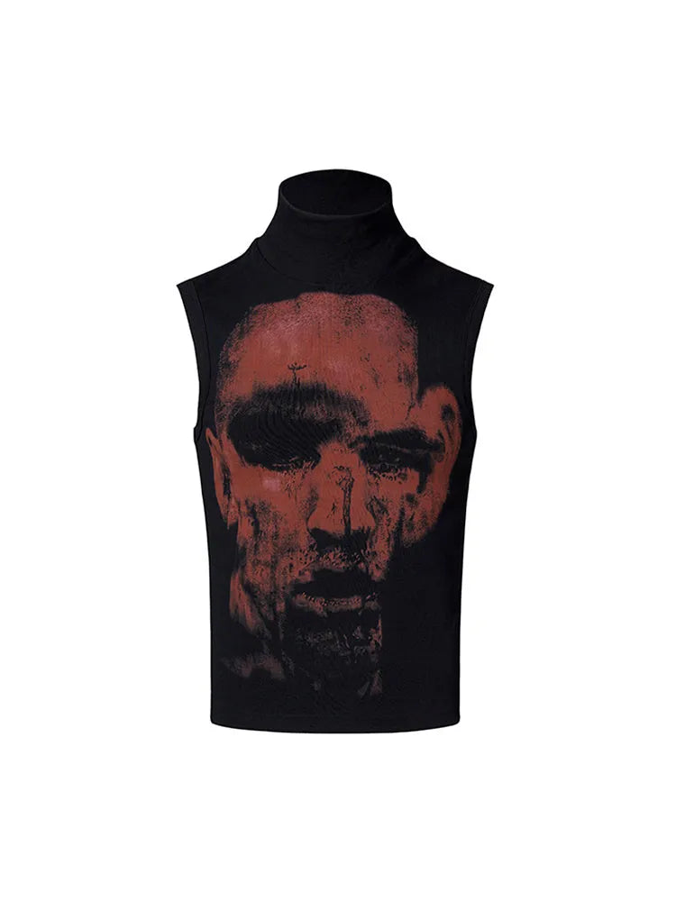 Black half turtleneck sleeveless slim fit t-shirt with a printed character design on the front.