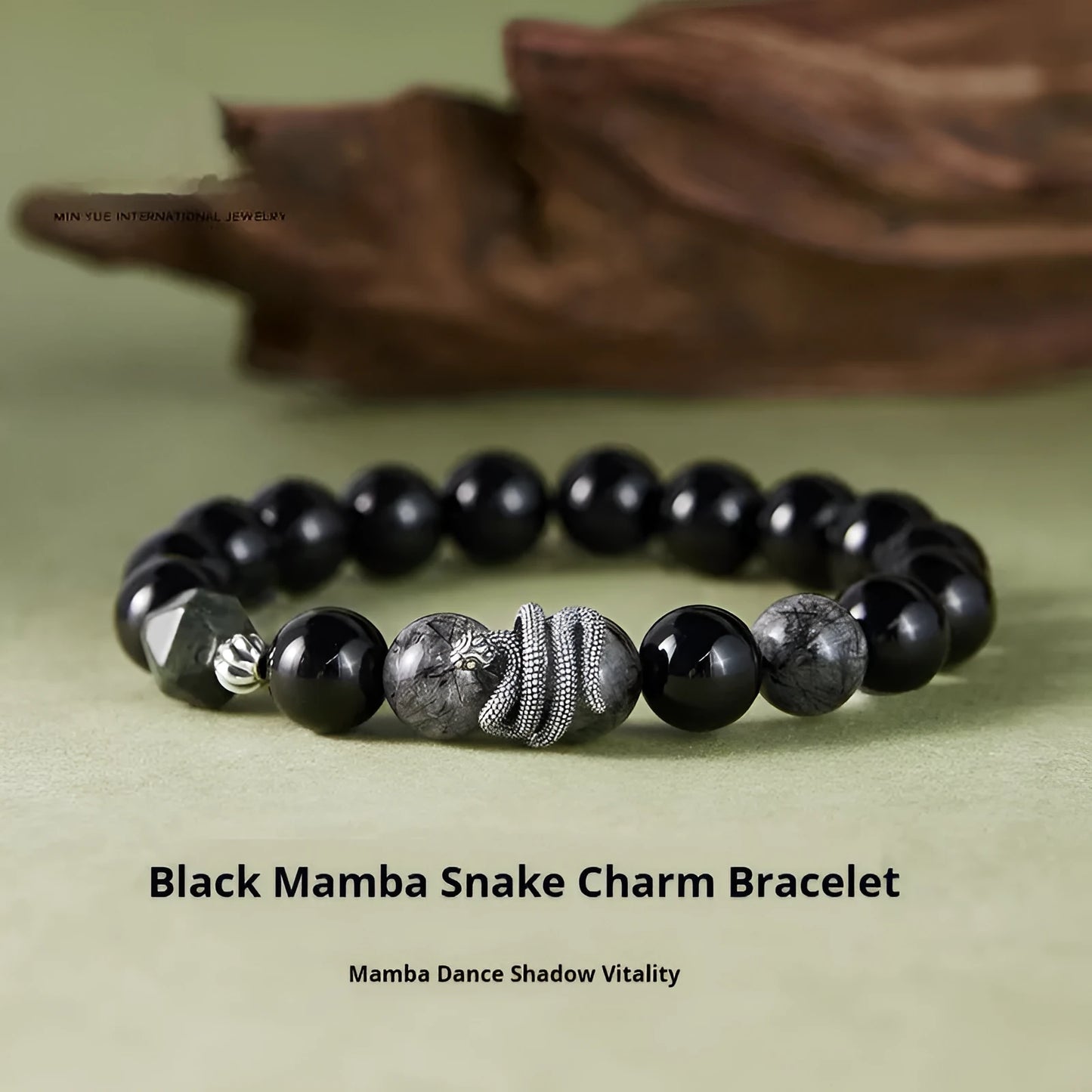 Men's black obsidian and sterling silver snake year bracelet with retro design and 10mm thickness