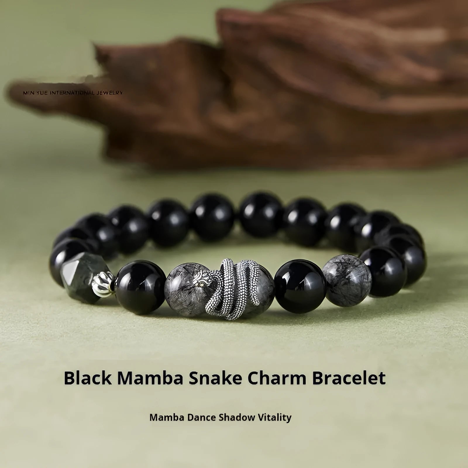 Men's black obsidian and sterling silver snake year bracelet with retro design and 10mm thickness