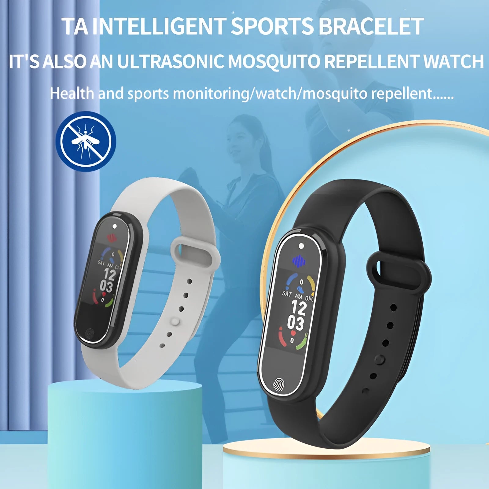 Black and white ultrasonic mosquito repellent bracelet with USB charging port on wristband