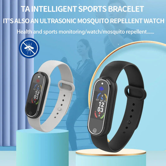 Ultrasonic mosquito repellent bracelet in black and white colors, designed for comfortable all-day wear and effective pest control during outdoor activities.