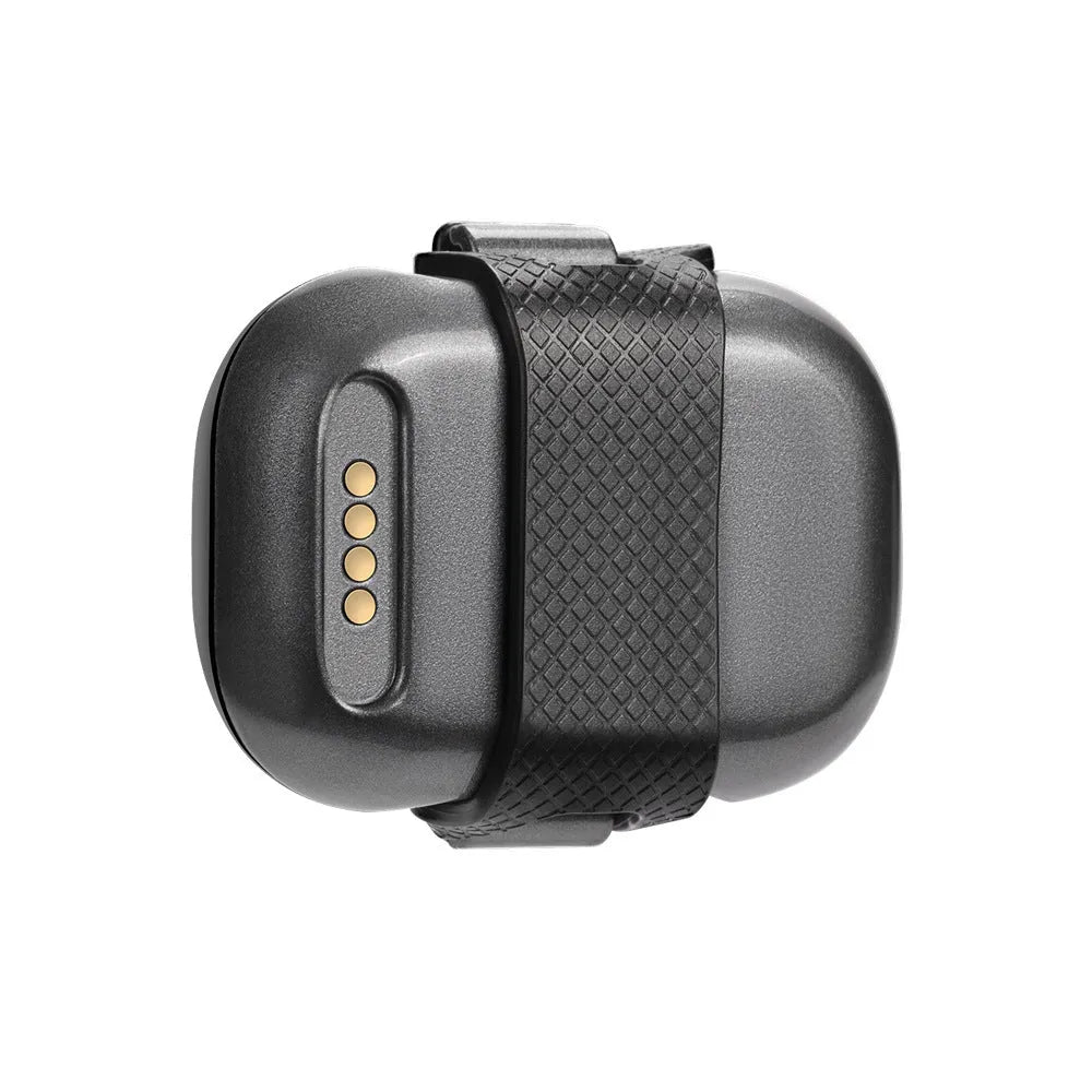 Black GF-07 pet GPS locator device with hanging rope on a collar.