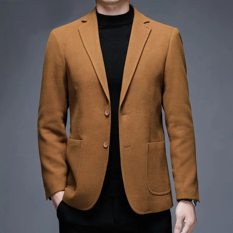 Men's solid colour woolen winter jacket in loose fitting casual business style