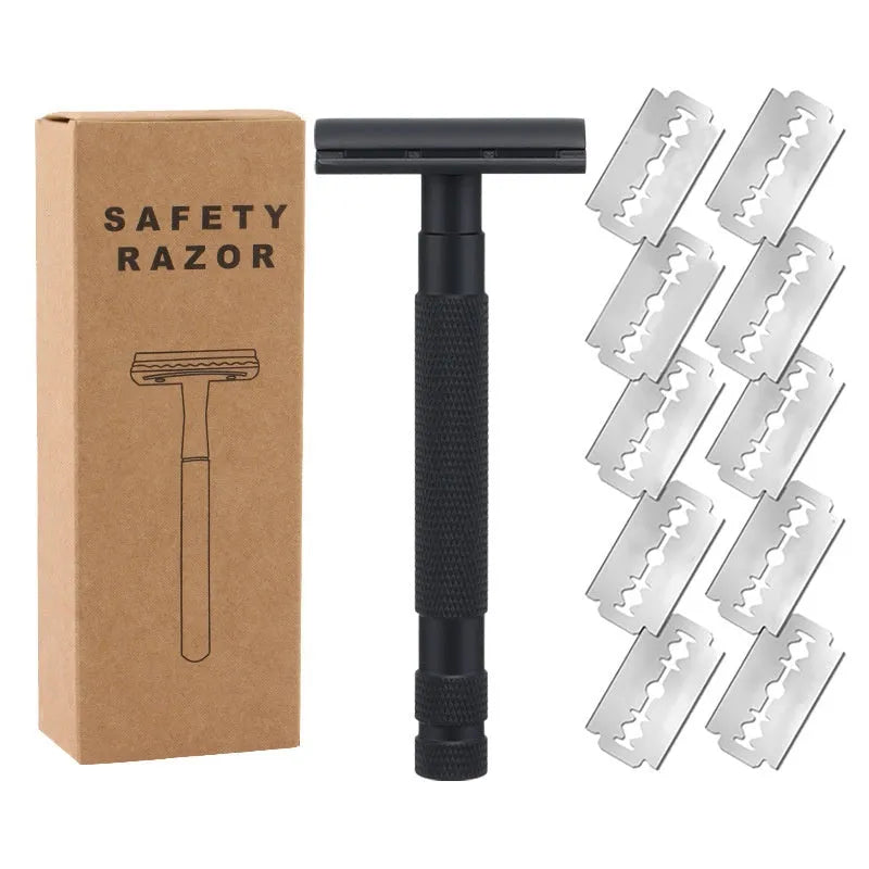 Traditional alloy double-edged safety razor with replaceable blades in choice of colours including black, silver, and rose gold.
