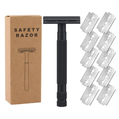 Traditional alloy double-edged safety razor with replaceable blades in choice of colours including black, silver, and rose gold.
