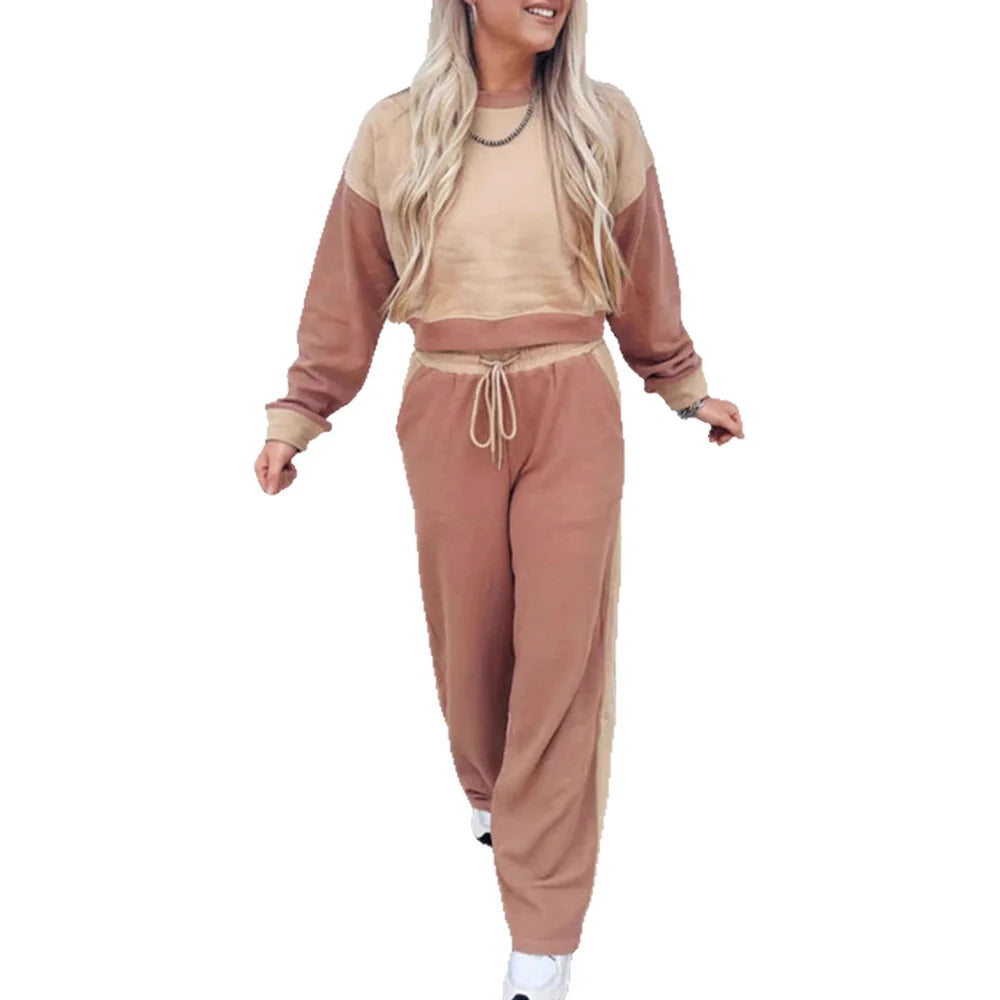Women's camel-coloured cotton matching sports leisure suit with top and trousers