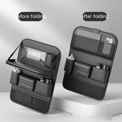 Leather car seat lazyback storage bag with foldable dining table, waterproof, 1.2kg, 48 x 25 x 6cm, in four colours.