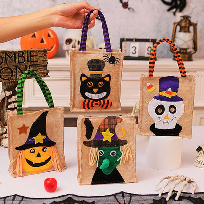 Funny Halloween Candy Tote Bag for Kids featuring witch, skull, and pumpkin designs