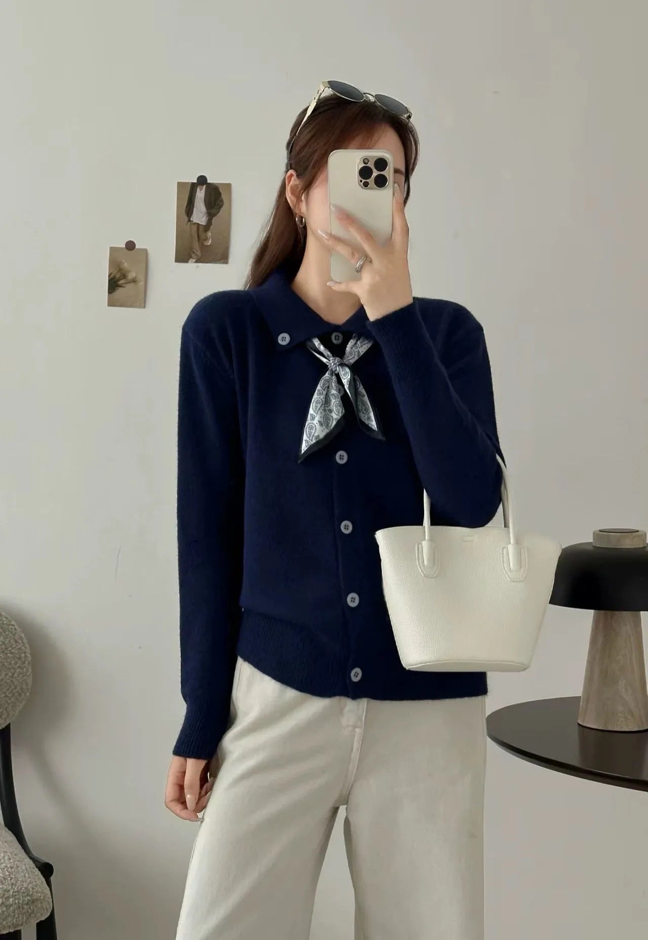Lazy Fashion Lapel Scarf Sweater in cardigan style with splicing details and long sleeves