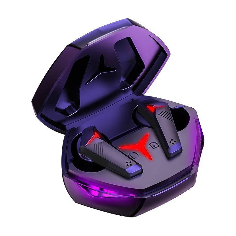 Black wireless Bluetooth gaming headset with earplug design and 10-metre transmission range