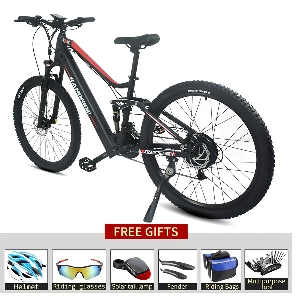 Black and red electric mountain bike with full suspension, 27.5-inch wheels, and down tube battery