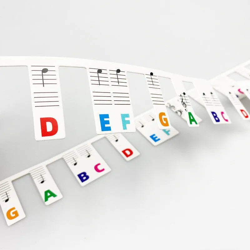 Piano keyboard stickers for 88-key pianos showing white card staff notation with colour bars and black notes
