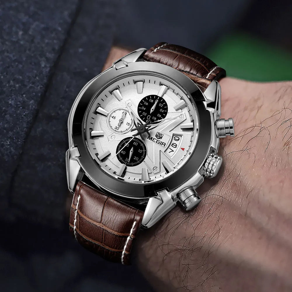 Men's brown and white surface quartz watch with three sub-dials and six luminous hands showing 15mm thickness