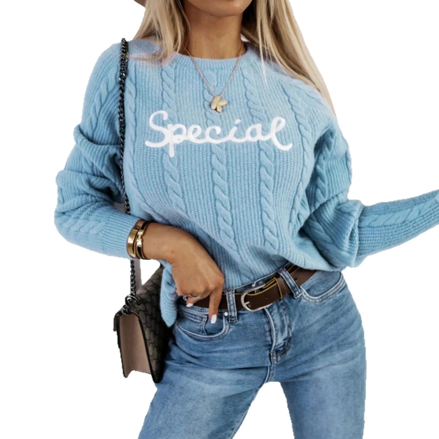 Blue leisure pullover with embroidered letters design and crew neck in core-spun yarn fabric