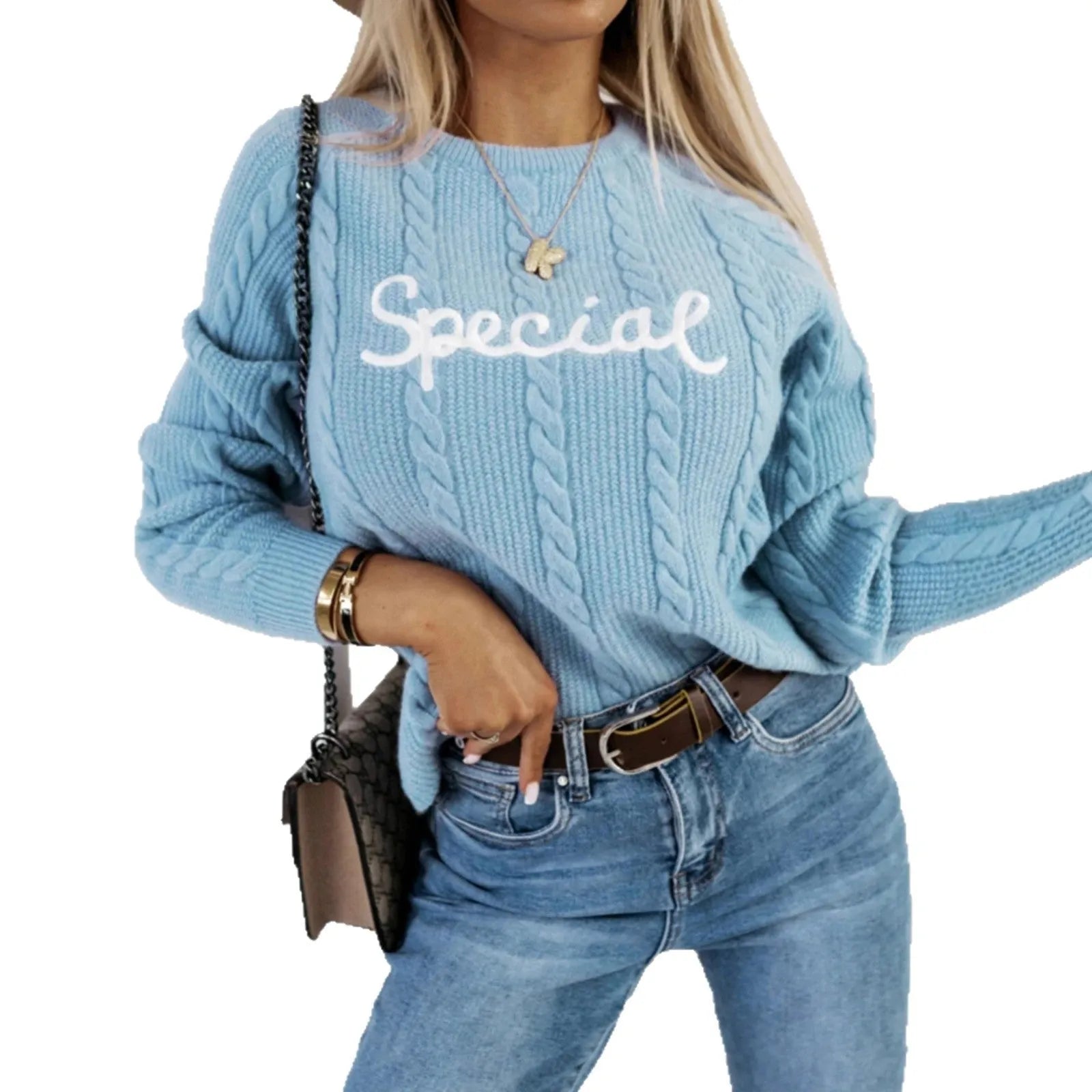 Blue leisure pullover with embroidered letters design and crew neck in core-spun yarn fabric