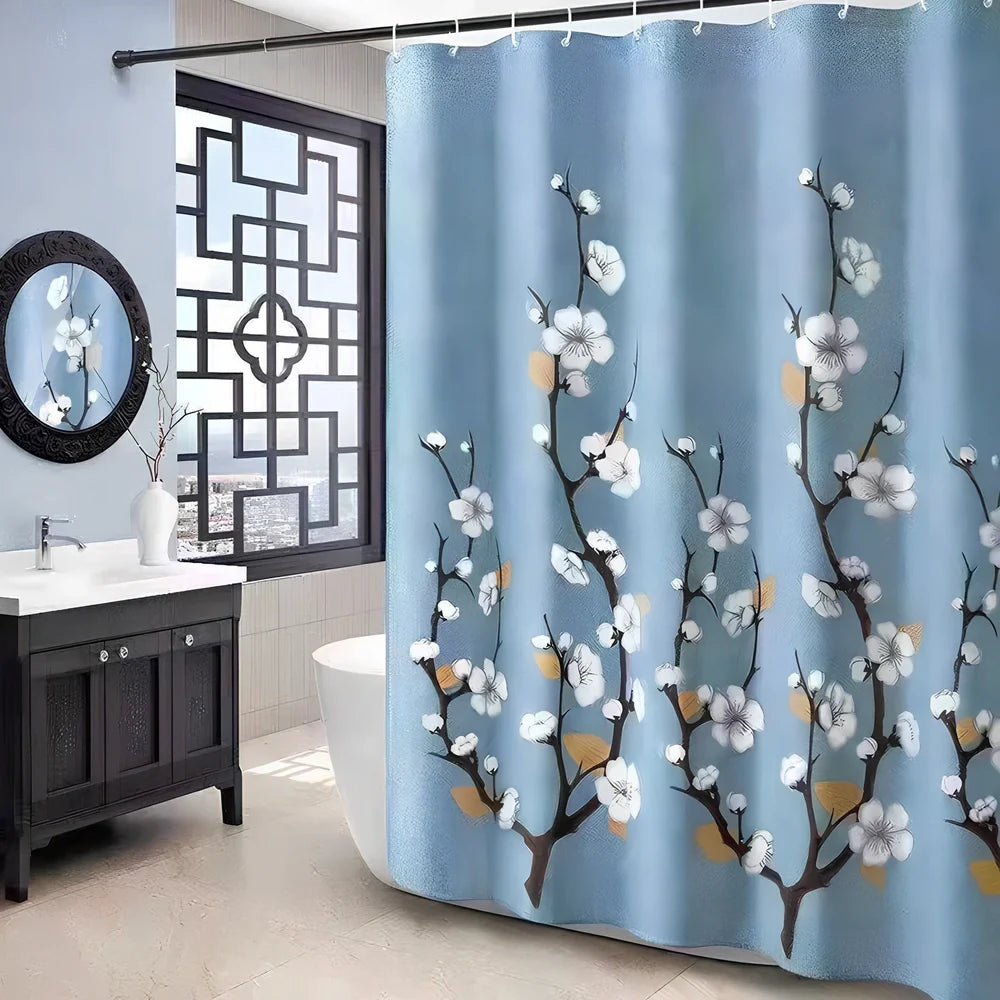 Waterproof polyester shower curtain with printed design, available in multiple sizes for bathroom protection