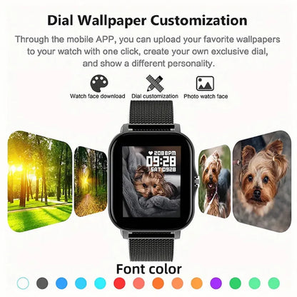 Smart watch with 144-inch touchscreen displaying health metrics, silicone strap, waterproof design for daily activity tracking