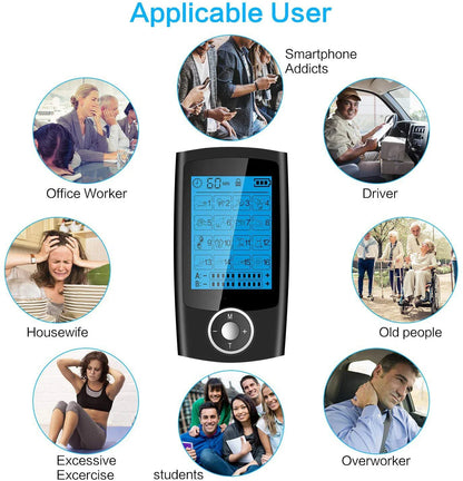 Rechargeable TENS unit with 16 massage modes, adjustable timer and intensity, and dual output for pain relief and muscle stimulation