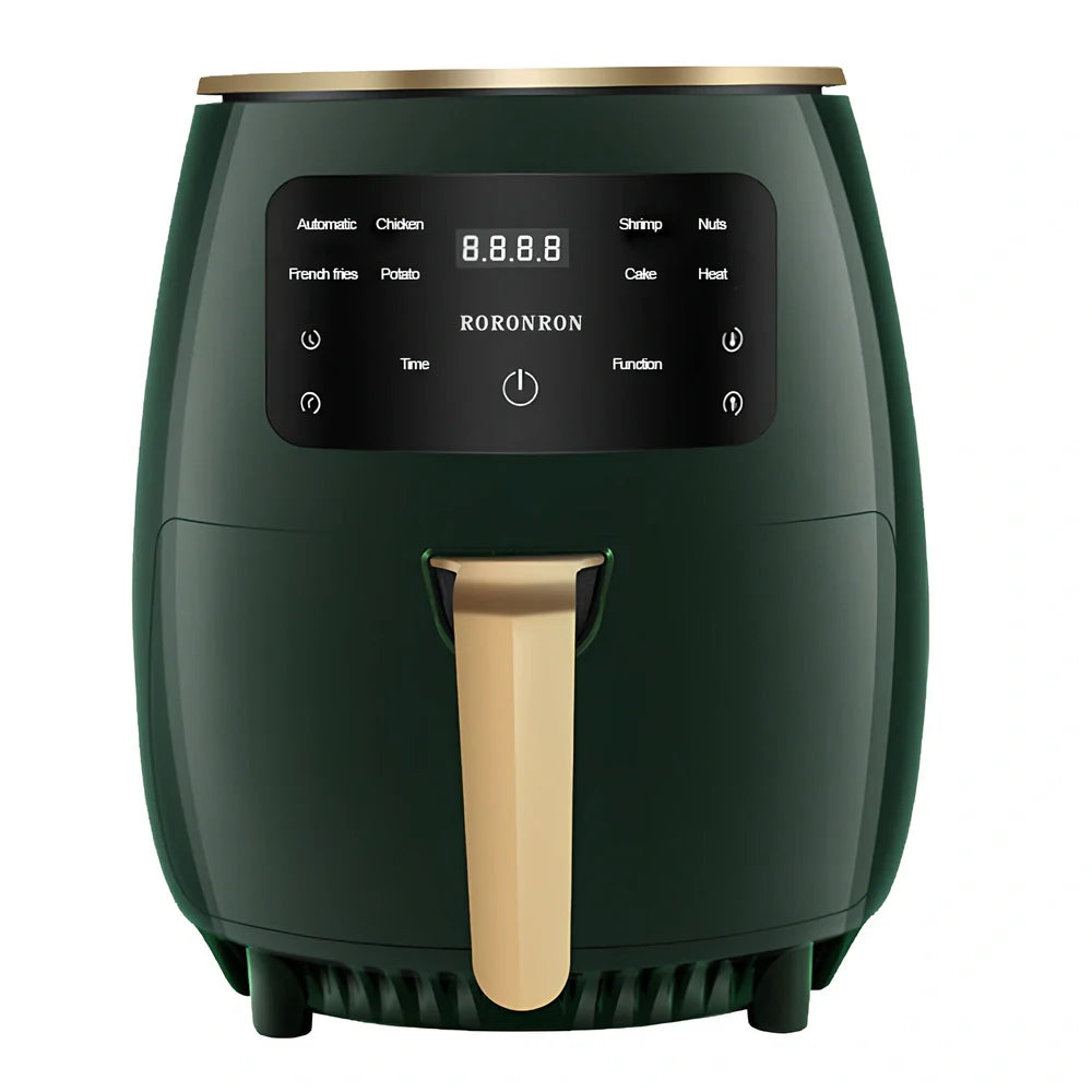 Black smart touch air fryer with stainless steel body and digital control panel showing cooking settings