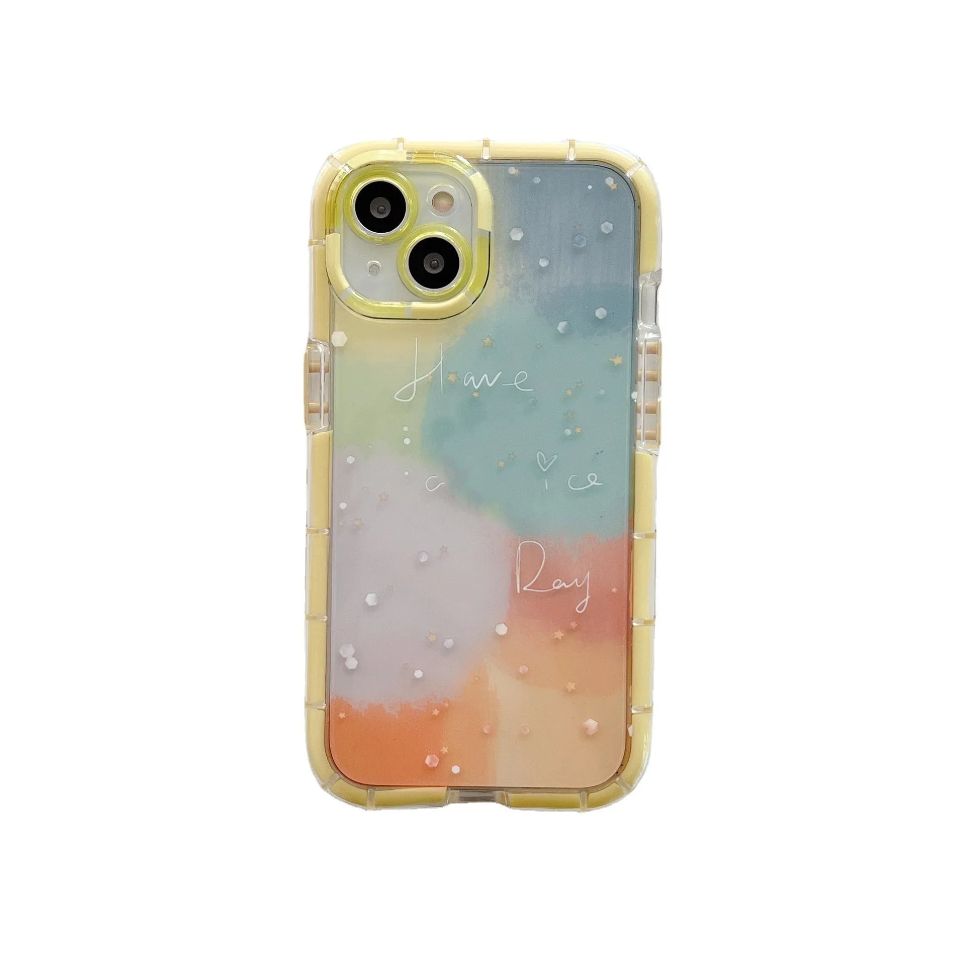 Minimalist silicone phone case for iPhone 14 with a yellow contrast edge on a white background.