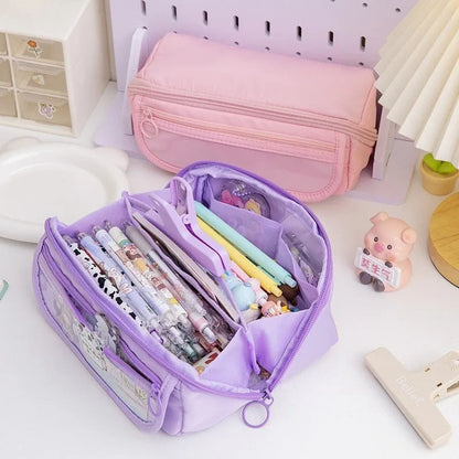 Korean-style canvas pencil case showing ten-layer flip design in Girl Pink colour