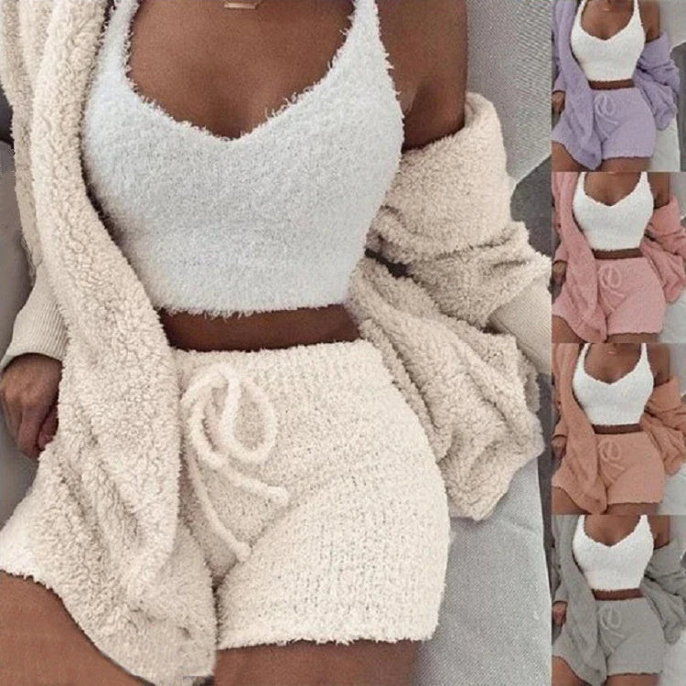 Cozy 3-Piece Women's Pajama Set with Long Sleeve Crop Top and Drawstring Shorts in various colors