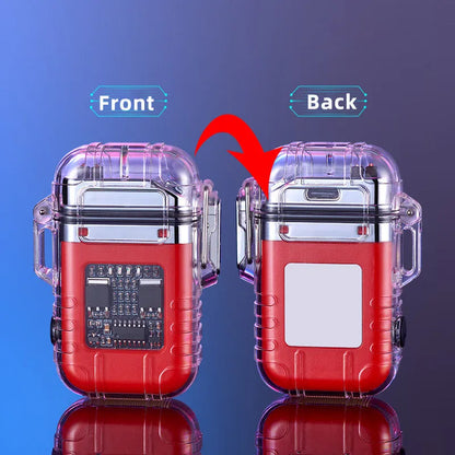 Transparent shell electronic lighter showing plasma arc with detachable pocket clip and paracord lanyard