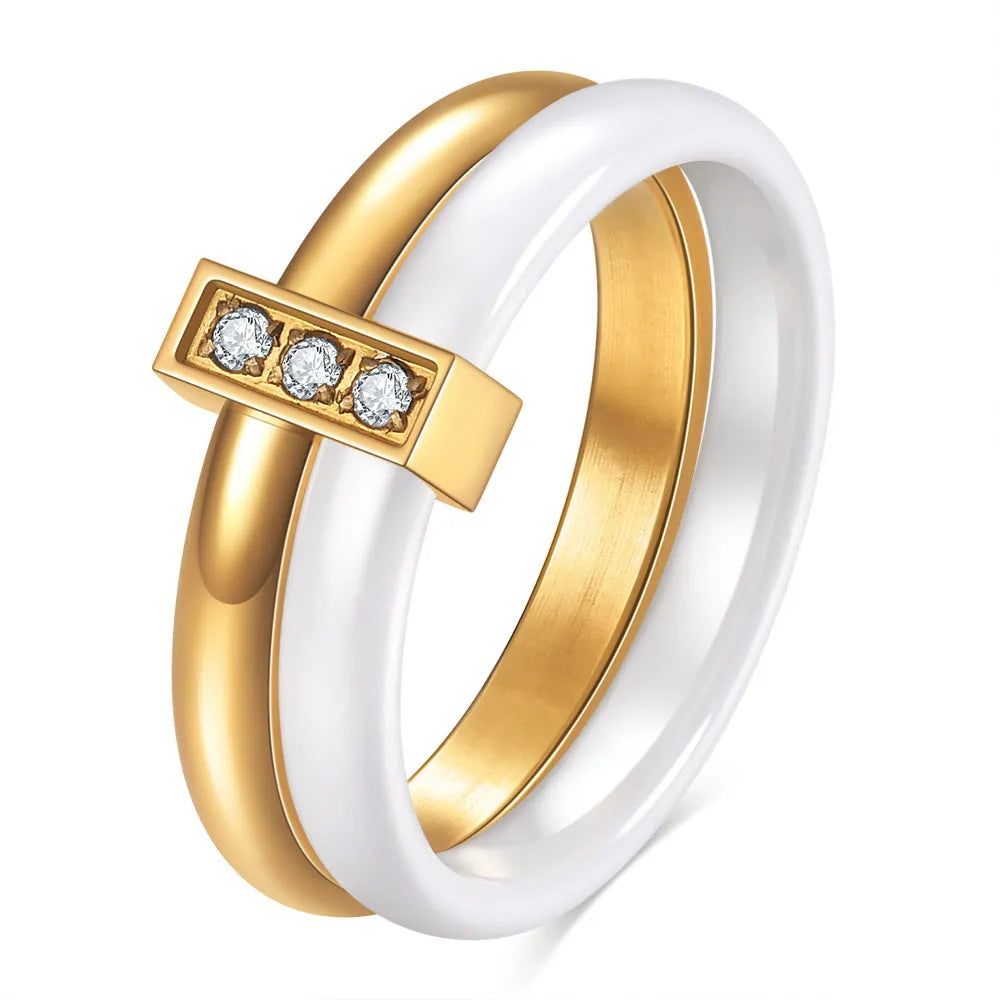 Glossy stitching inlaid zirconium ceramic 6mm ring in geometric design with electroplated finish