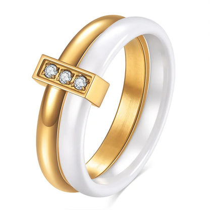 Glossy stitching inlaid zirconium ceramic 6mm ring in geometric design with electroplated finish