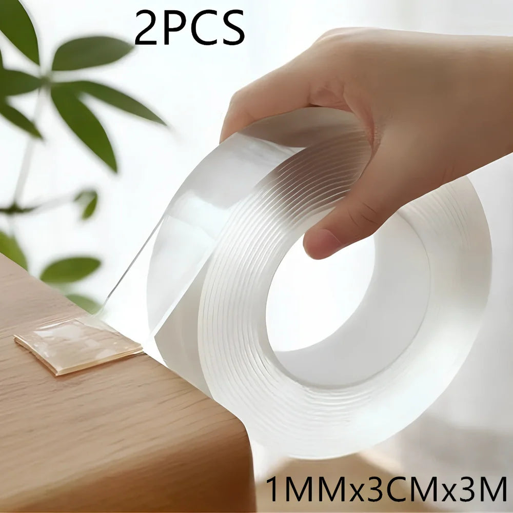 Transparent double-sided tape with 1mm thickness and 3cm width, showing nano-adsorption surface