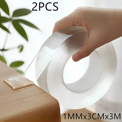 Transparent double-sided tape with 1mm thickness and 3cm width, showing nano-adsorption surface