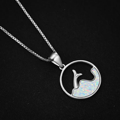 White gold electroplated copper necklace with round blue opal in geometric sea fishtail design on 45cm chain