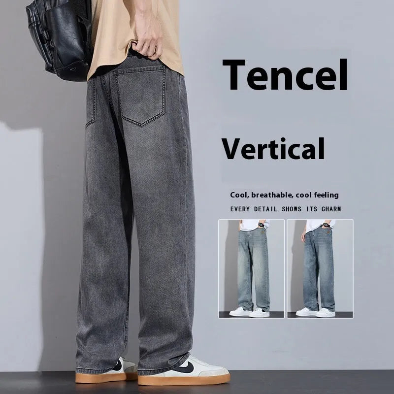 Straight-leg casual trousers in ice silk denim with wide leg design, featuring a zip fly placket and available in UK2560 colour range across 9 waist sizes from 28 to 38 for versatile leisure wear
