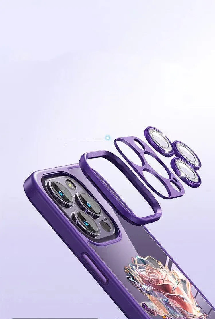 Dark purple TPU phone case with a rose pattern and a sparkly pink lens film for iPhone.