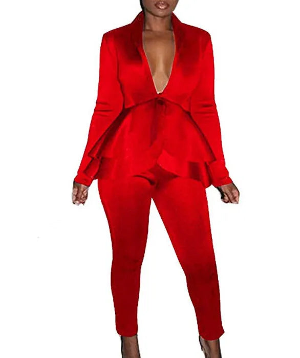 Ruffled shirt and pencil pants business casual wear set in polyester fabric