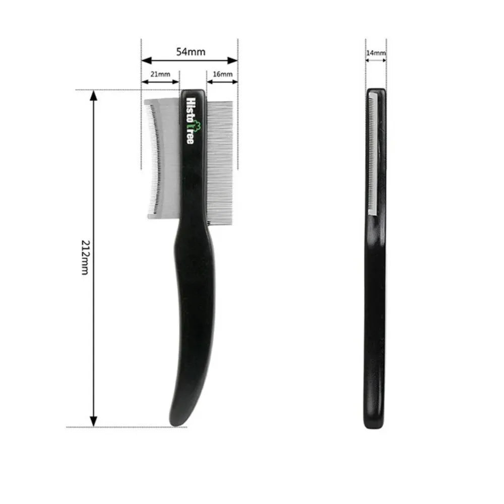 Black double-sided pet hair comb with wood handle and stainless steel teeth for cat and dog grooming