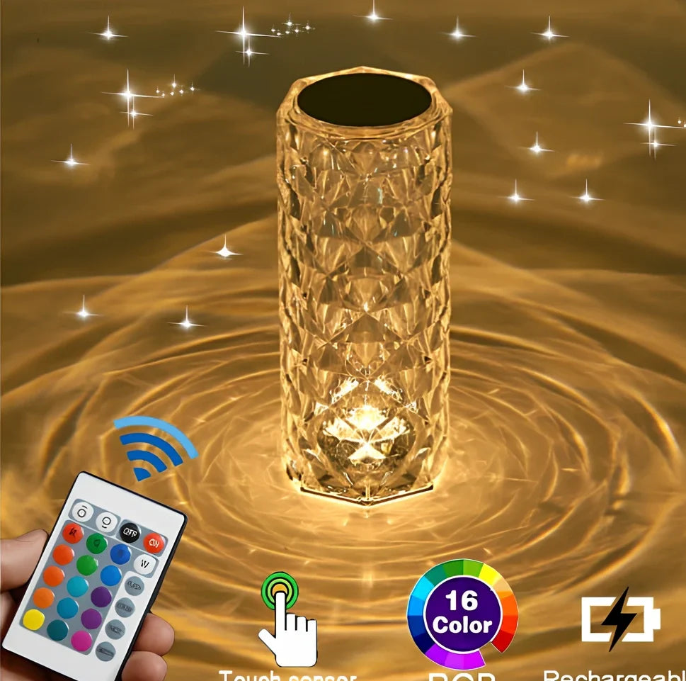 Crystal diamond-style acrylic table lamp with RGB colour touch controls and USB charging cable