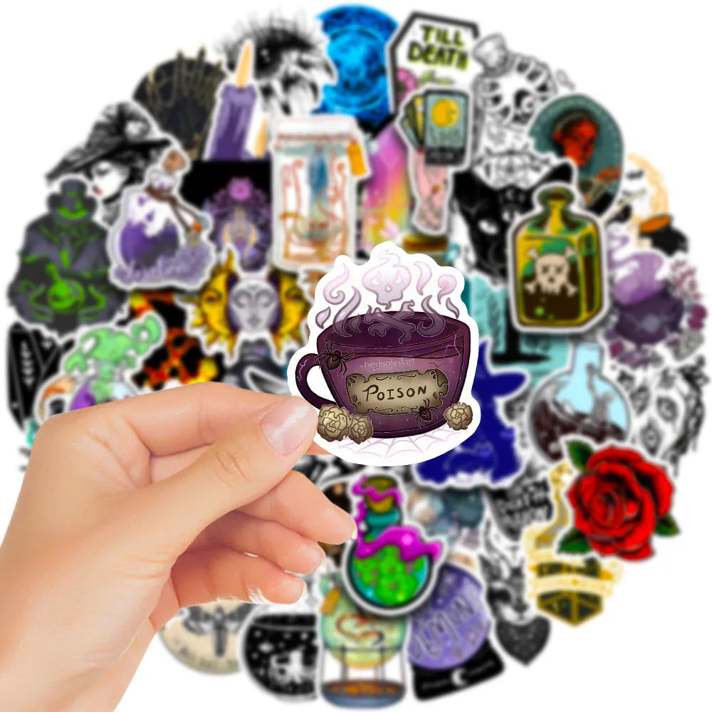 50 waterproof PVC stickers with glossy finish for laptops and skateboards measuring 3-8cm