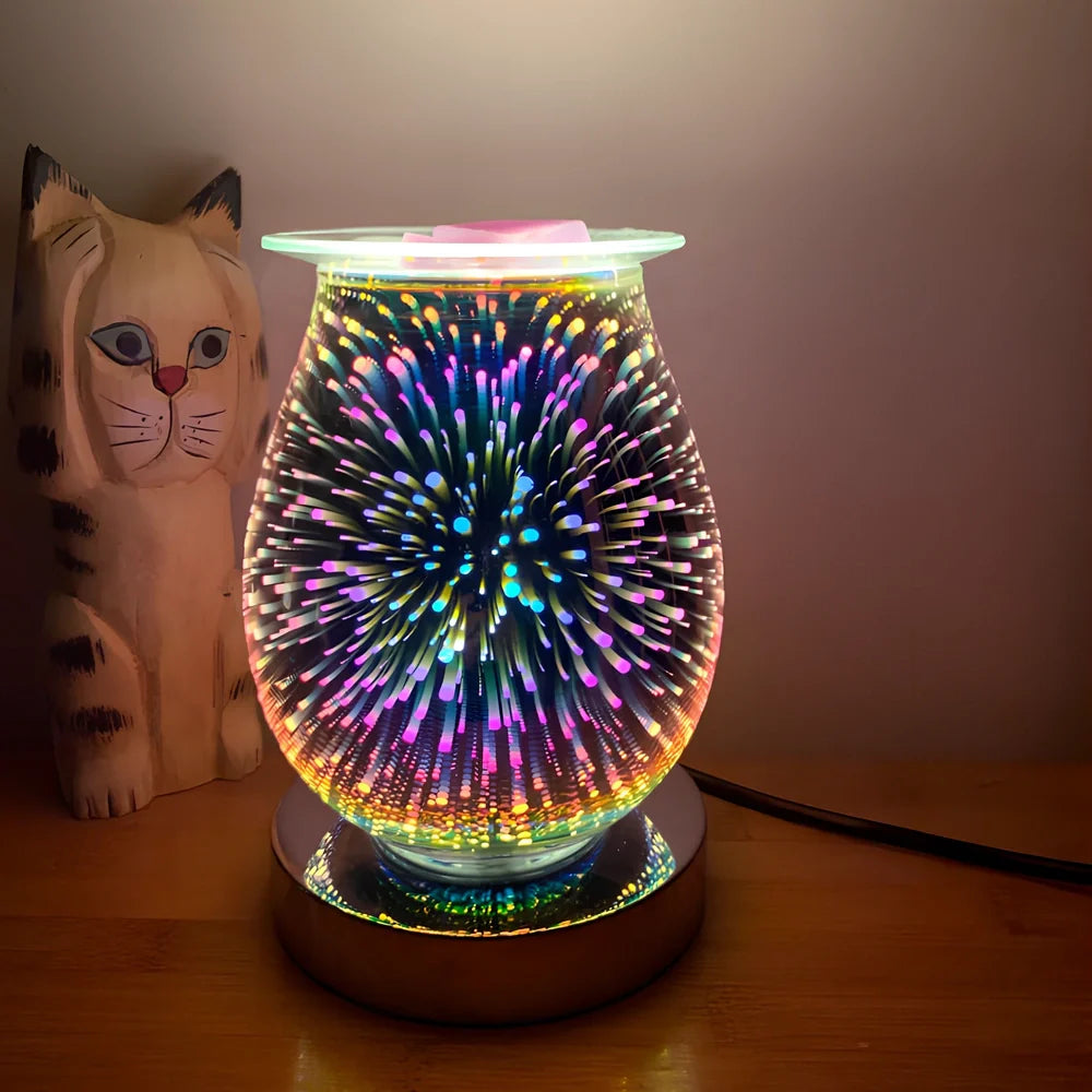 Glass aromatherapy lamp with firework-coloured surface projecting light patterns, touch sensor base, 15cm height