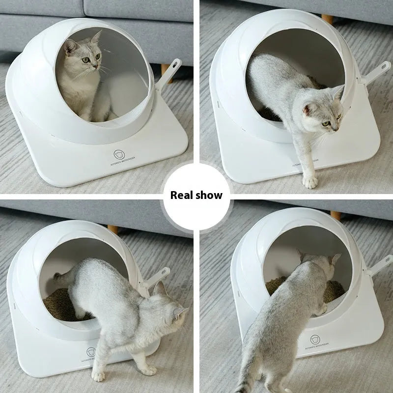 Large grey enclosed cat litter box with deodorising function for indoor use