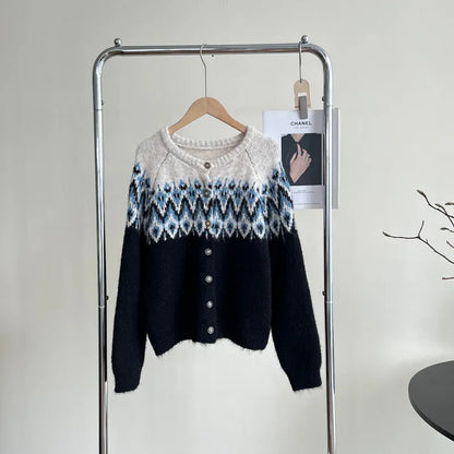 Women's contrast colour jacquard thickened sweater coat in loose fit with long sleeves, available in milky white, brown, or navy blue