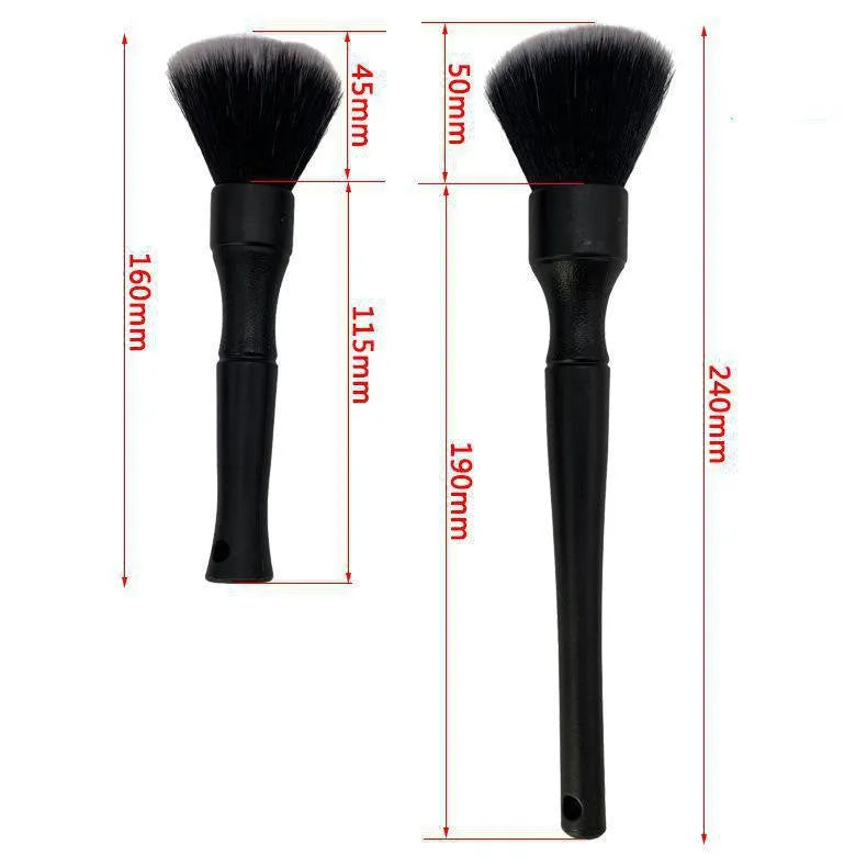 Black car detailing brush with soft pig hair bristles and PP plastic handle in 24cm and 16cm sizes.