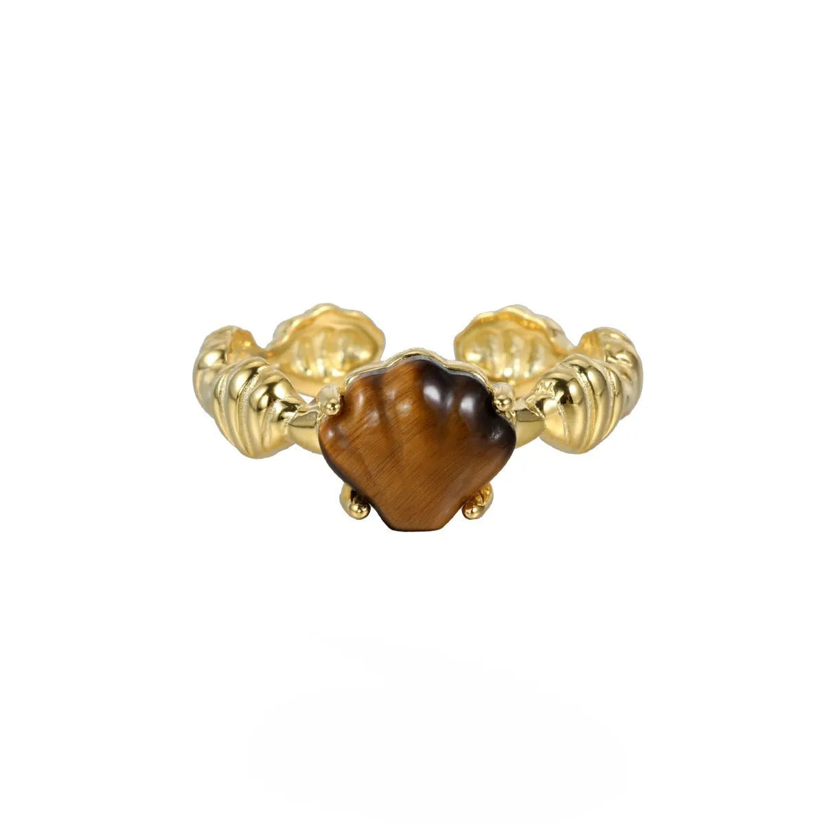 Adjustable silver women's ring with shell and tiger eye stone accents in electroplated 18K gold or white gold finish